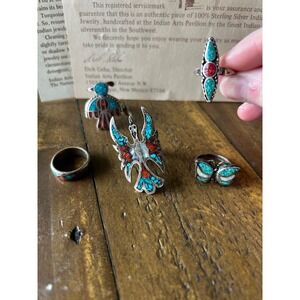 Vintage Southwestern Sterling Turquoise Coral Ring Lot Thunderbird Native
